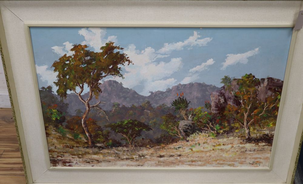 Ernest King, oil on board, South African landscape, signed, 60 x 90cm